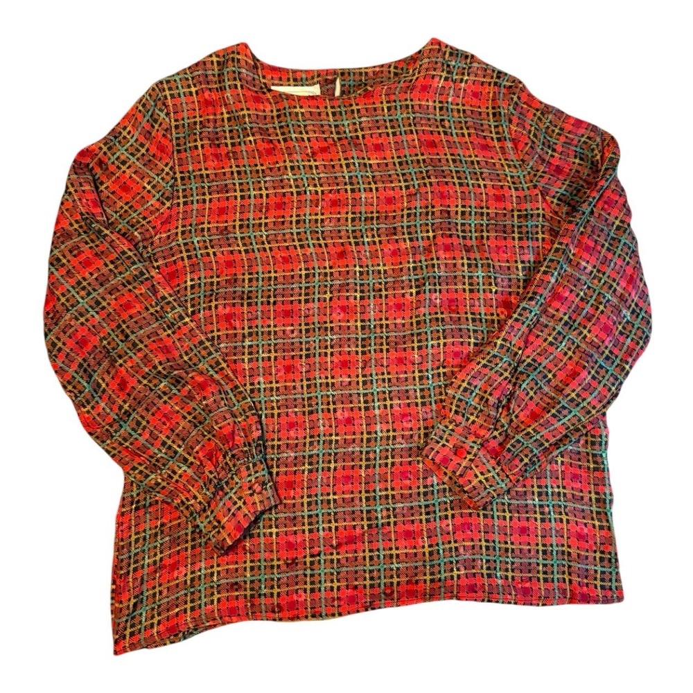 Silk Land Blouse Womens Large Red Plaid 100% Pure Silk Long Sleeve Crew Neck Top